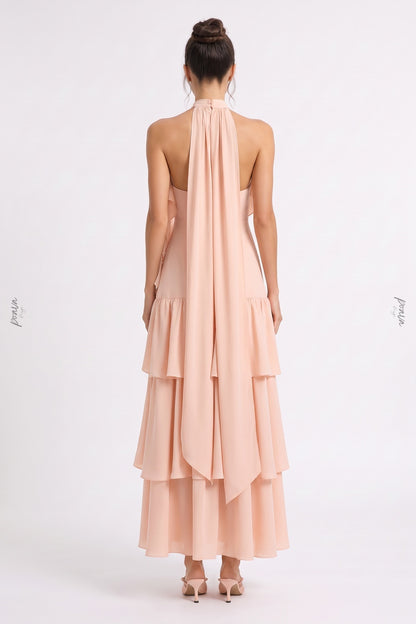 Pale Peach Lightweight Crepe A-Line Tiered Dress pale peach lightweight crepe dress - product view 3