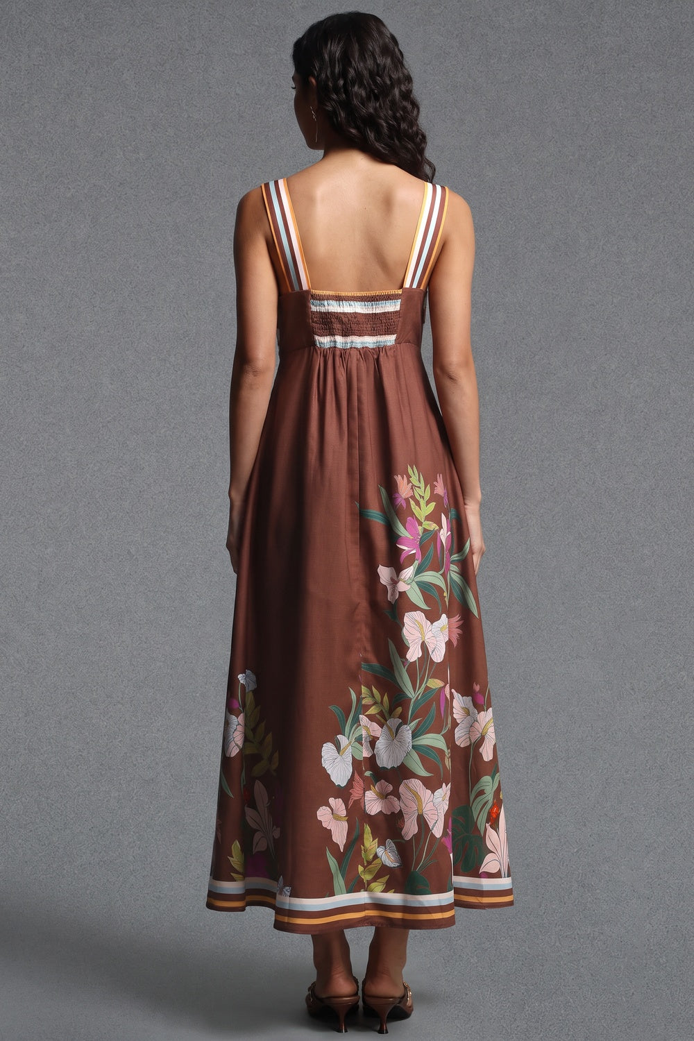 Chocolate Brown A-Line Midi Dress with Twisted Bodice and Floral Print chocolate brown structured woven cotton or linen blend dress - product view 3