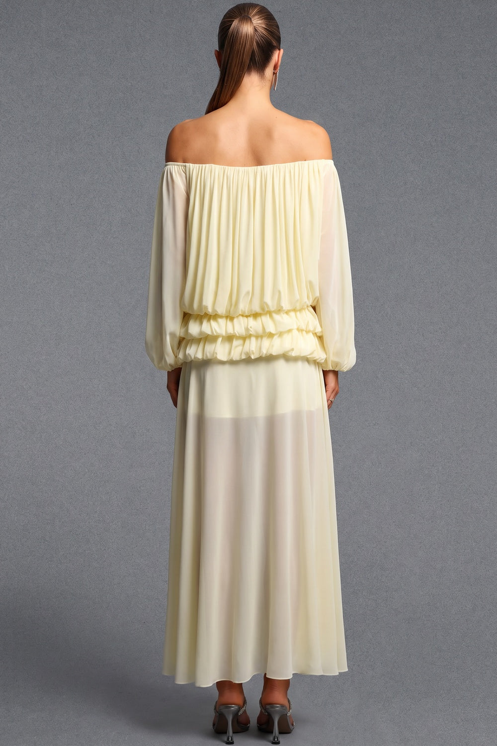 Pale Yellow Chiffon Off-The-Shoulder Blouson Two-Piece Set pale yellow chiffon two-piece set - product view 3