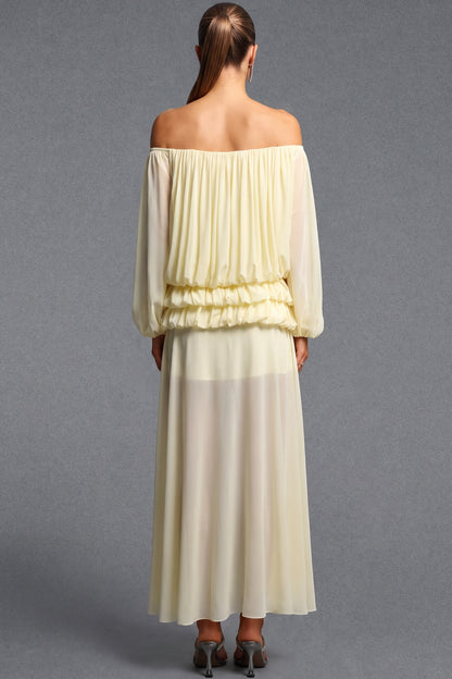 Pale Yellow Chiffon Off-The-Shoulder Blouson Two-Piece Set pale yellow chiffon two-piece set - product view 3