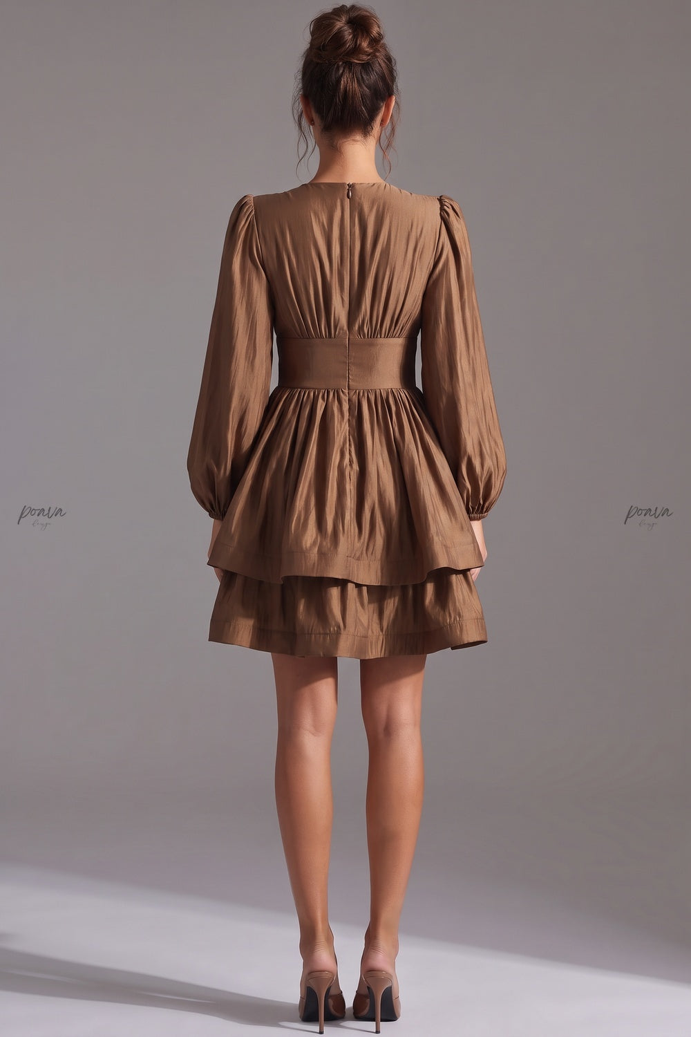 Bronze Brown Taffeta Fit-and-Flare Mini Dress bronze brown taffeta dress - product view 3