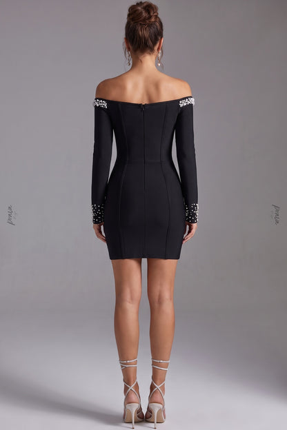 Black Off-the-Shoulder Bodycon Mini Dress with Pearl Embellishment black heavy stretch knit dress - product view 3