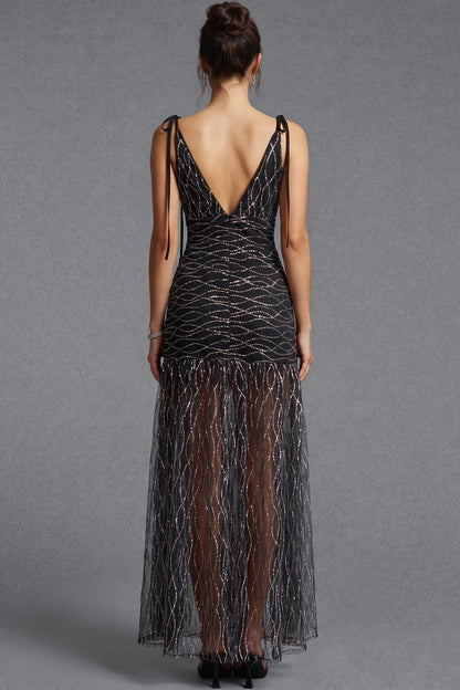 Black Tulle Mermaid Evening Gown with Sheer Flared Lower Skirt black tulle evening gown - product view 3