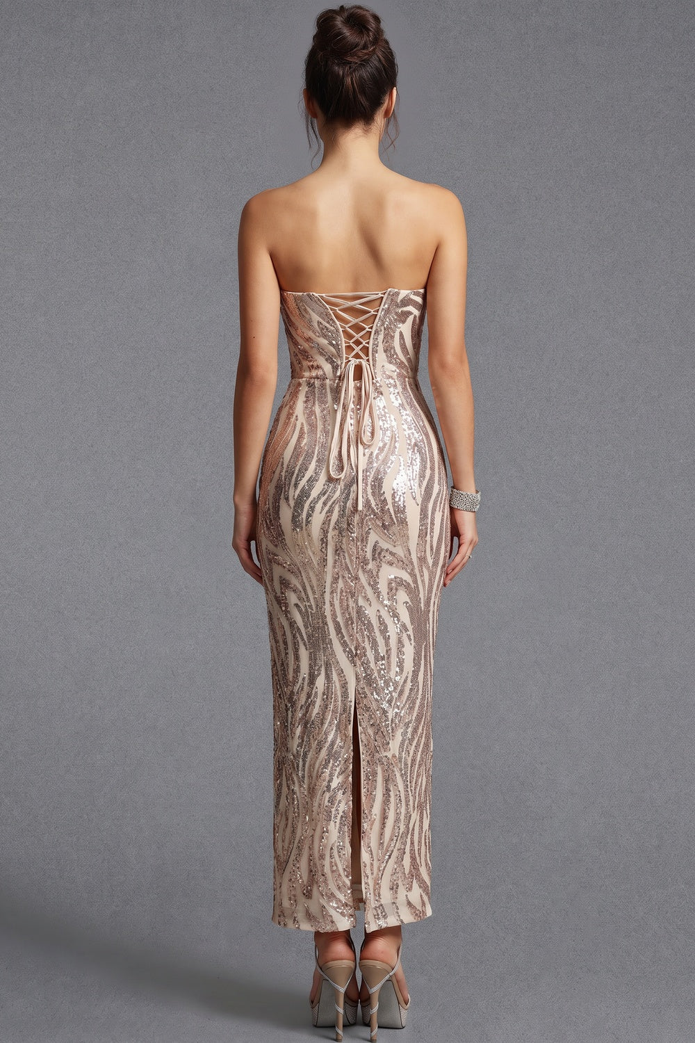 Champagne Gold Sequined Mesh Column Dress champagne gold, rose gold sequined mesh dress - product view 3
