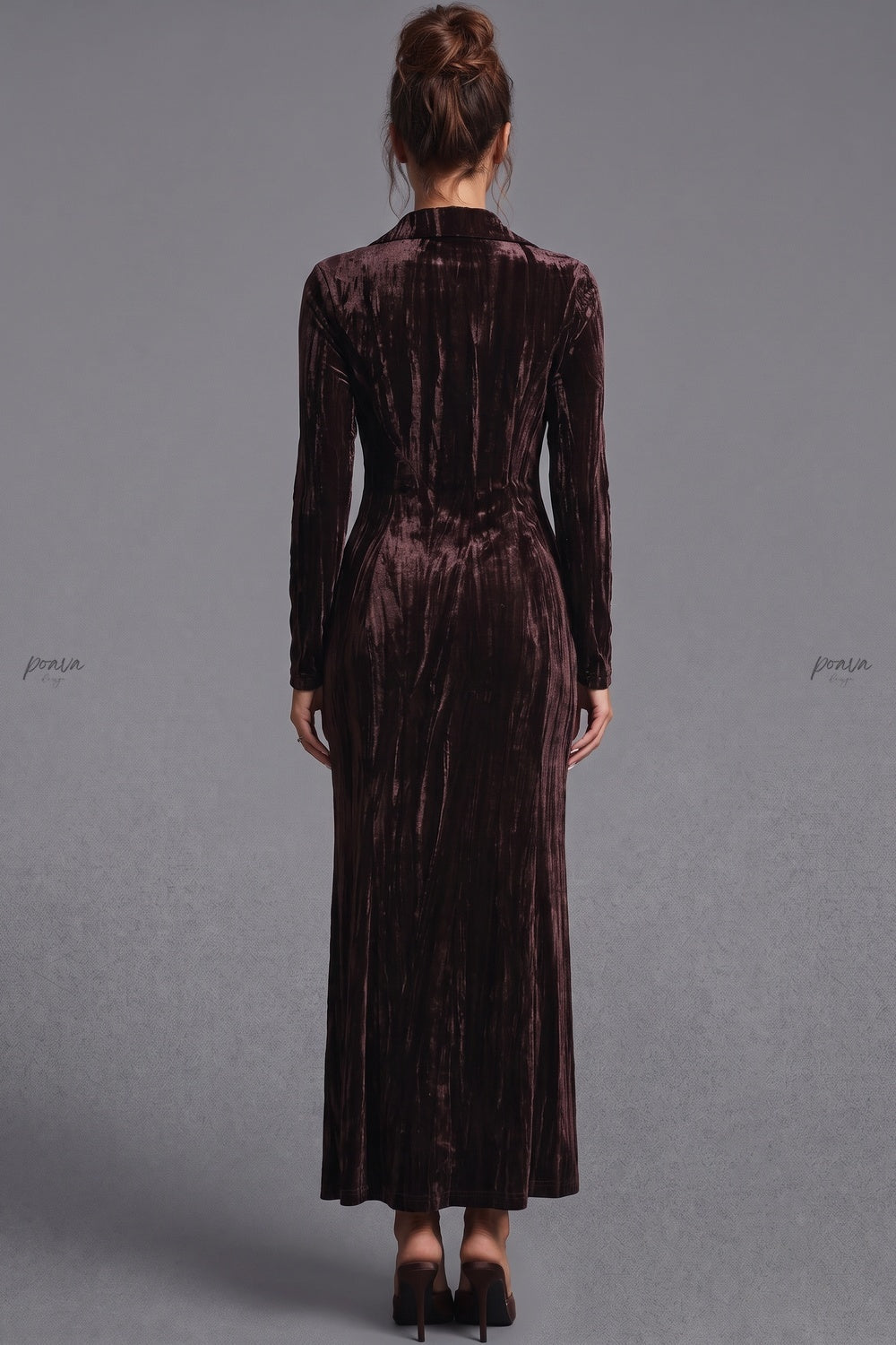 Dark Brown Crushed Velvet Column Maxi Shirt Dress dark brown crushed velvet maxi shirt dress - product view 2
