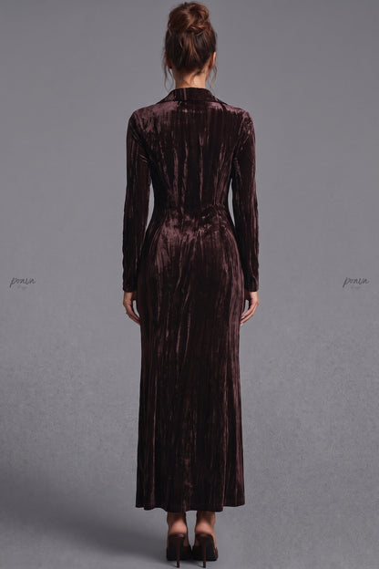 Dark Brown Crushed Velvet Column Maxi Shirt Dress dark brown crushed velvet maxi shirt dress - product view 2