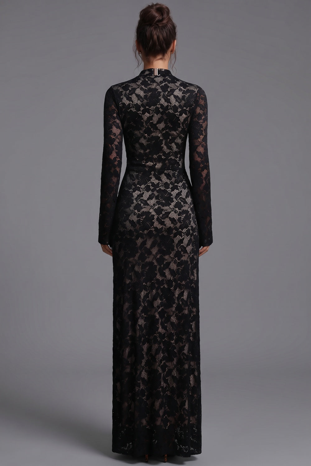 Black Floral Lace Column Gown black floral lace gown - product view 3