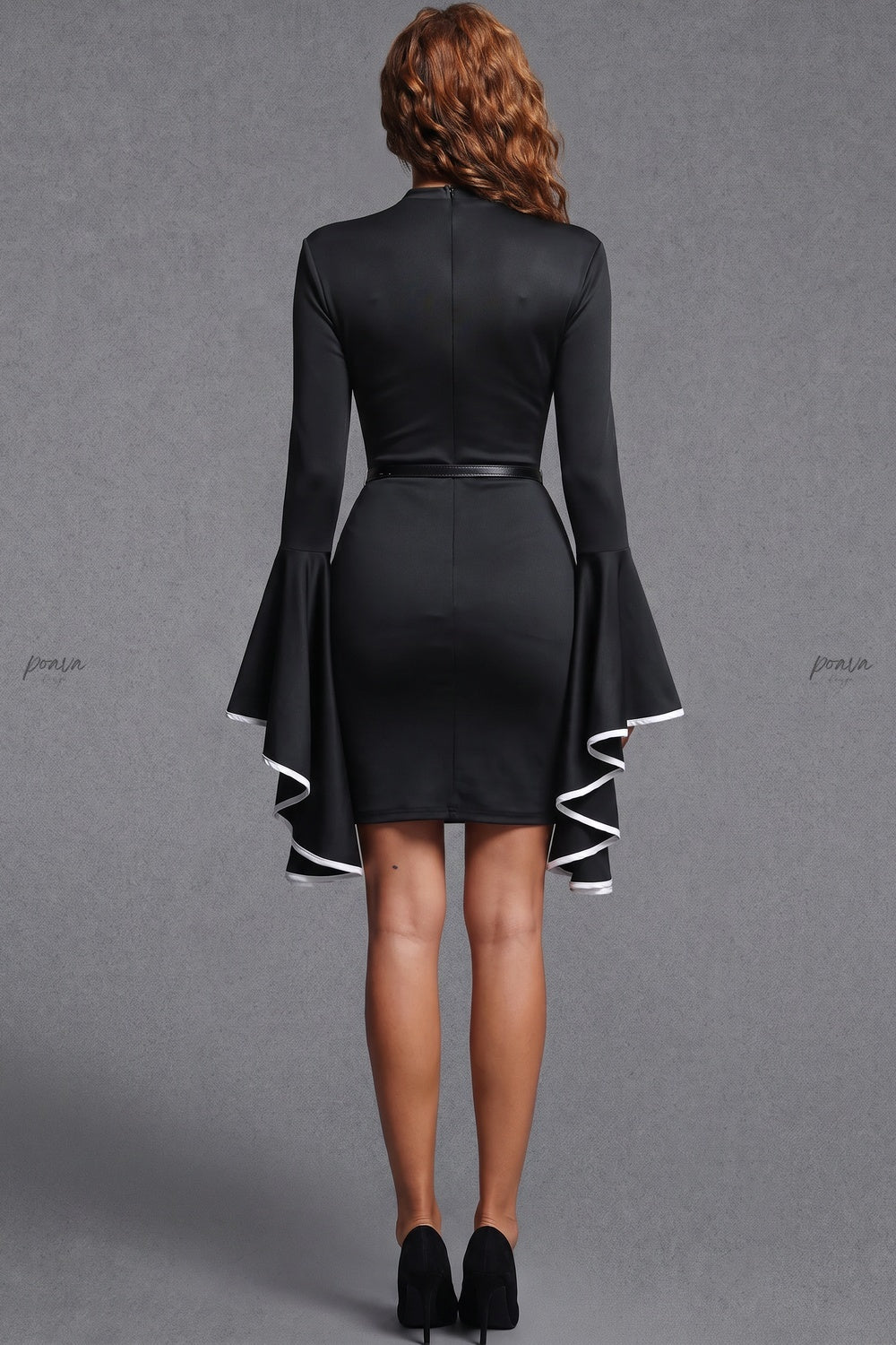 Black Bodycon Mini Dress with Tiered Bell Sleeves black stretchy synthetic blend dress - product view 2