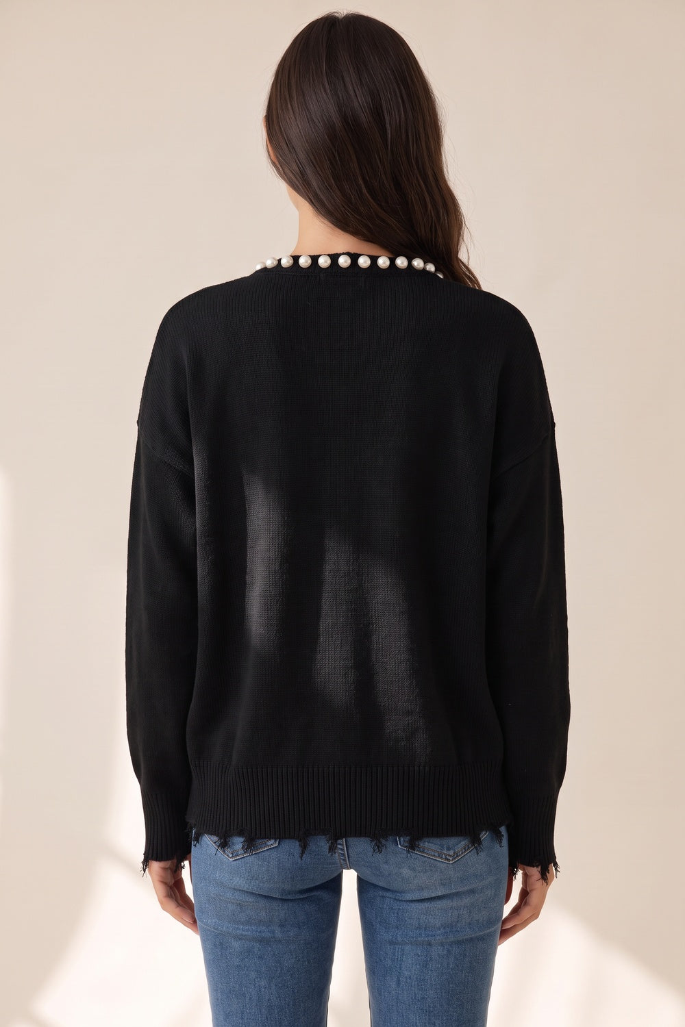 Black Knit Cardigan with Pearl Trim and Frayed Details black knit cardigan - product view 3