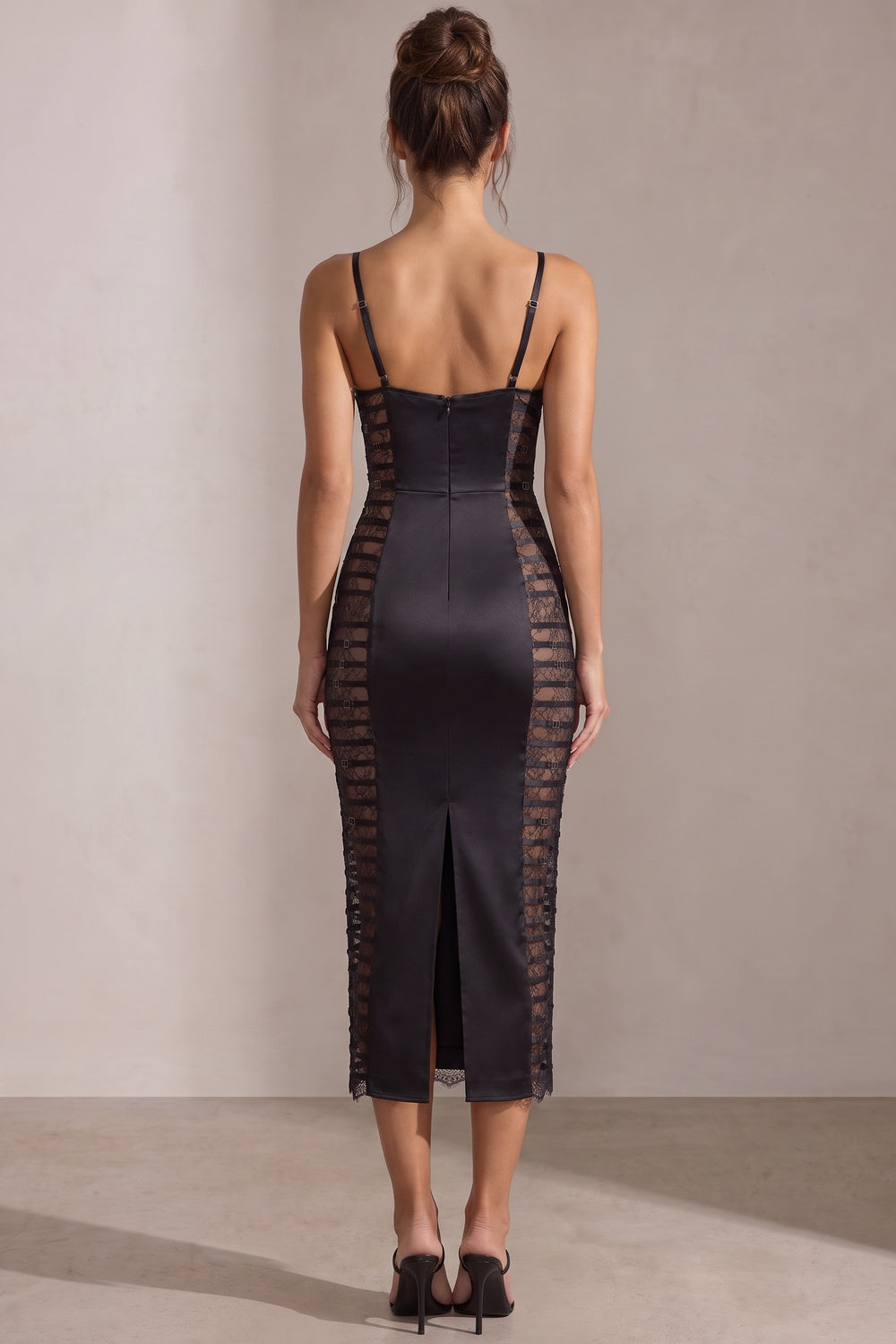 Black Satin Sheath Dress with Lace Side Panels black satin dress - product view 3