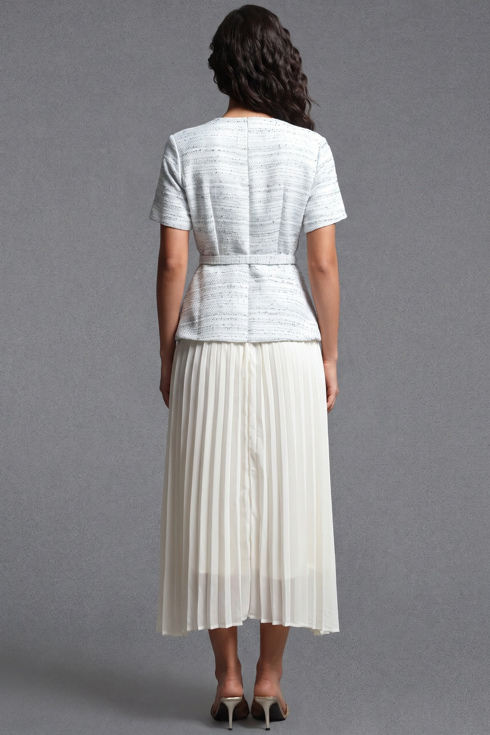 Light Blue Tweed Peplum Top with Pleated Midi Skirt Two-Piece Set light blue, white tweed top, chiffon or lightweight crepe skirt two-piece set - product view 3