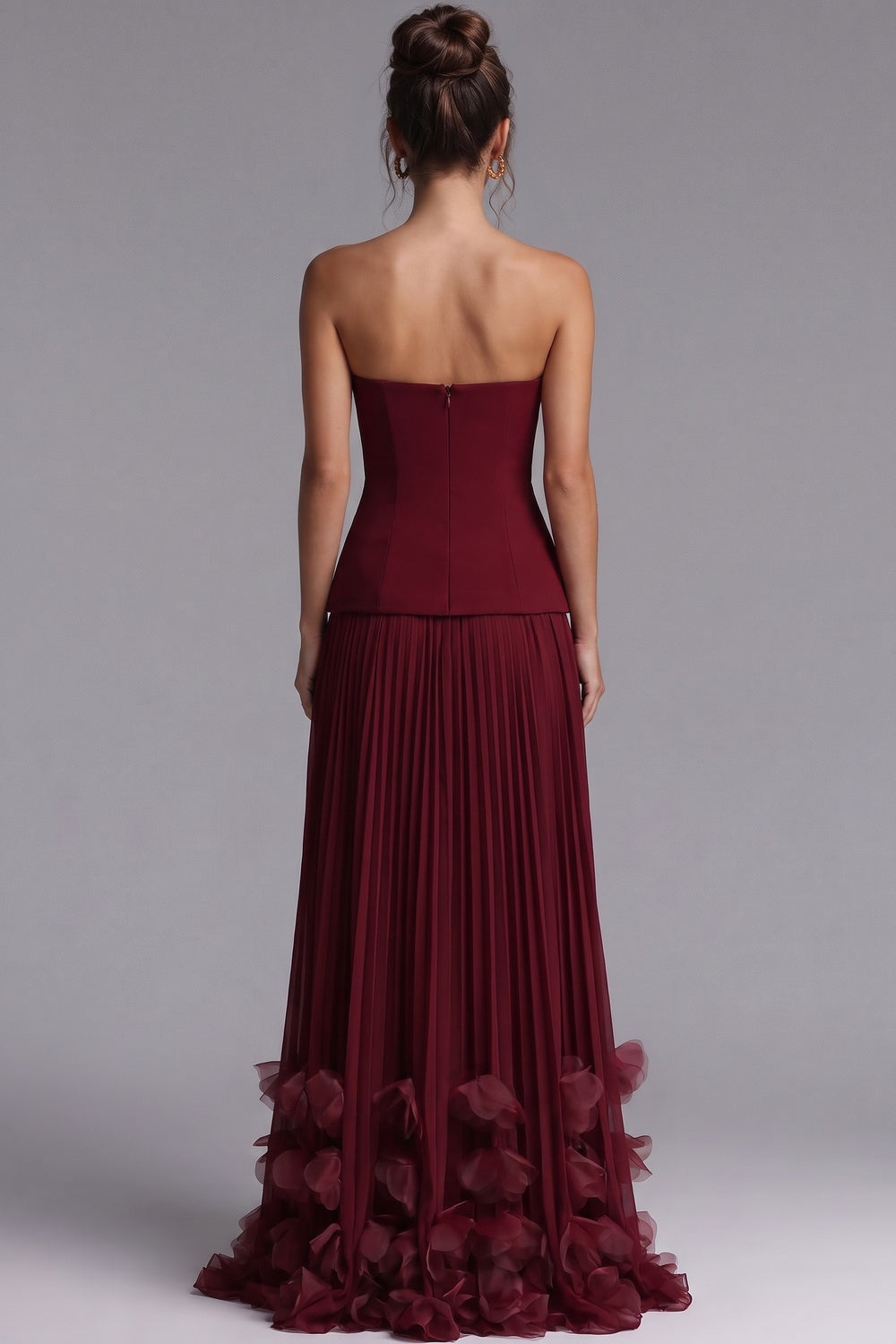 Burgundy Matte Crepe Bodice Drop-Waist Column Gown burgundy matte crepe bodice, chiffon skirt gown - product view 3