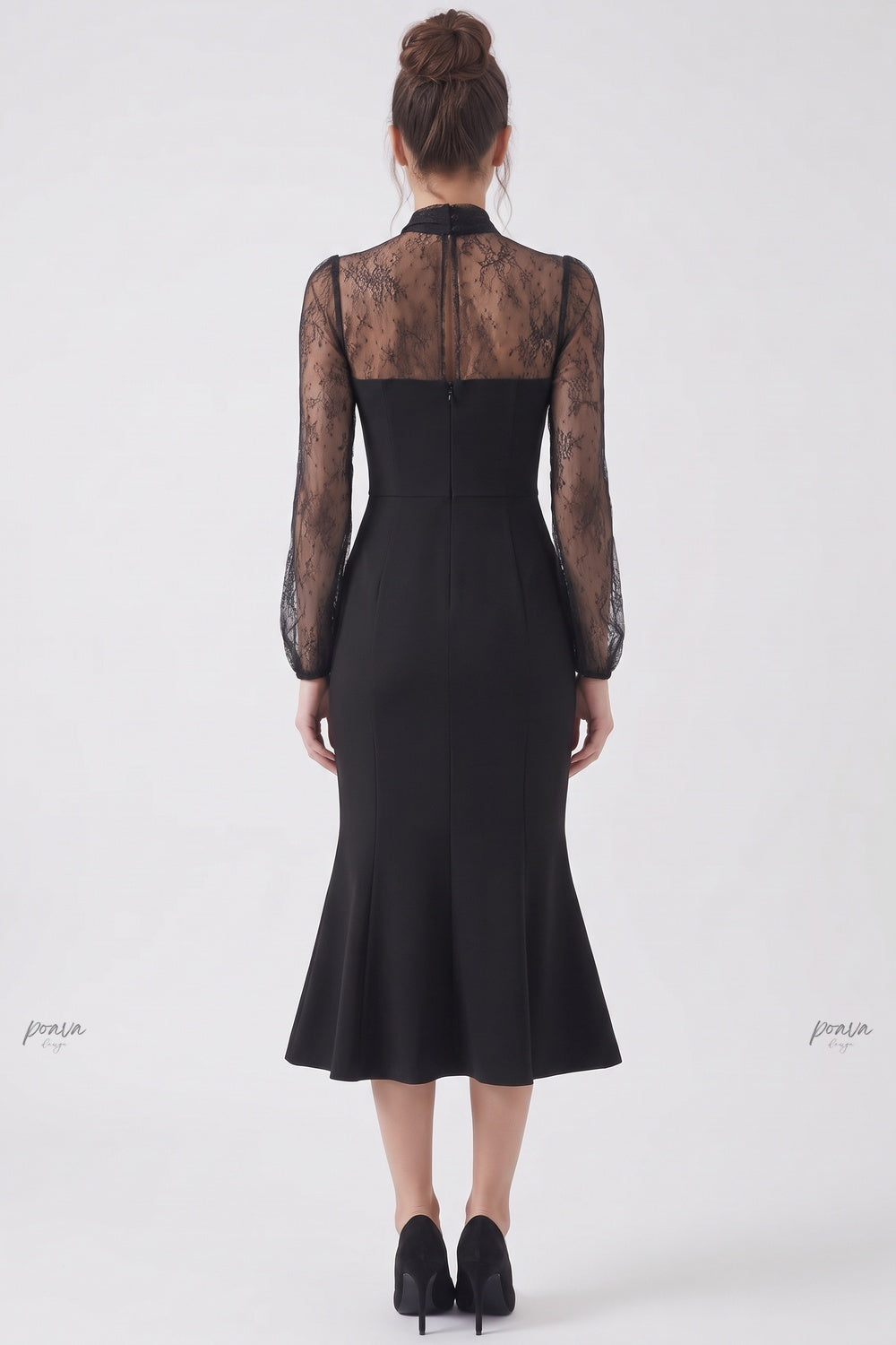 Black Crepe Mermaid Dress with Sheer Floral Lace Sleeves black crepe dress - product view 3