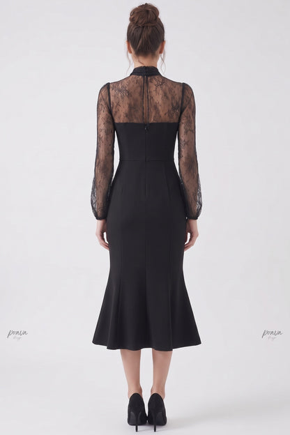 Black Crepe Mermaid Dress with Sheer Floral Lace Sleeves black crepe dress - product view 3