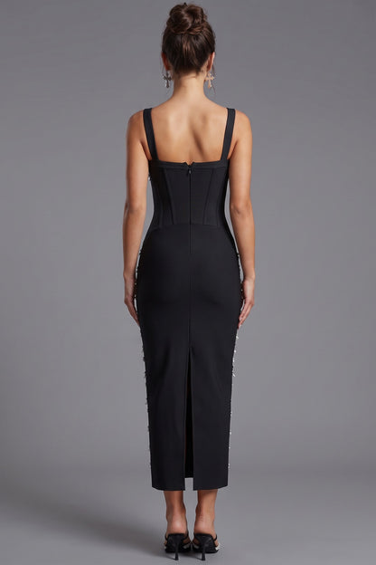 Black Sheath Midi Dress with Pearl and Crystal Fringe black heavy stretch knit midi dress - product view 3