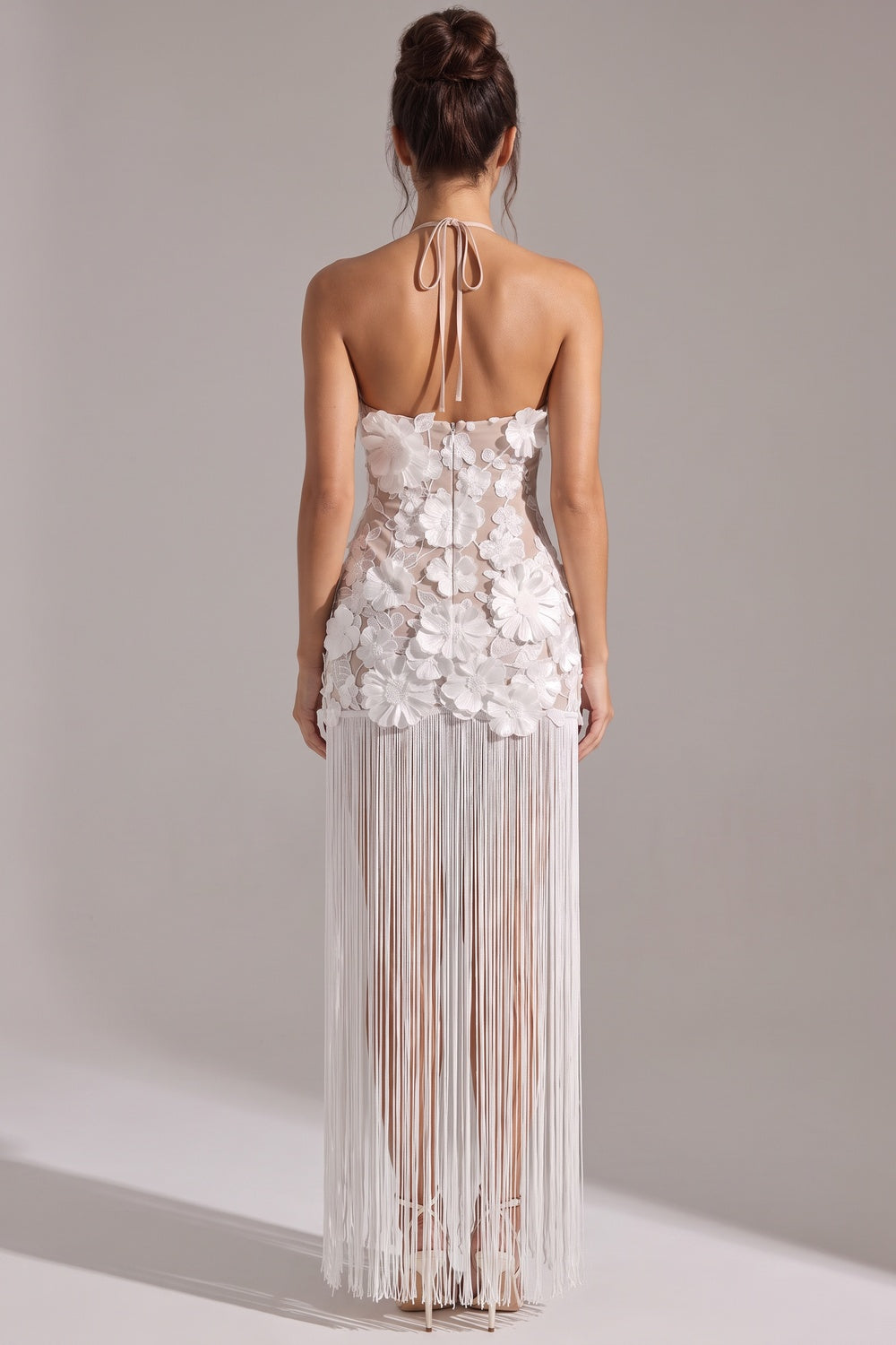White 3D Floral Mesh Lace Maxi Dress with Fringe Overlay white mesh lace dress - product view 3