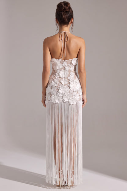 White 3D Floral Mesh Lace Maxi Dress with Fringe Overlay white mesh lace dress - product view 3