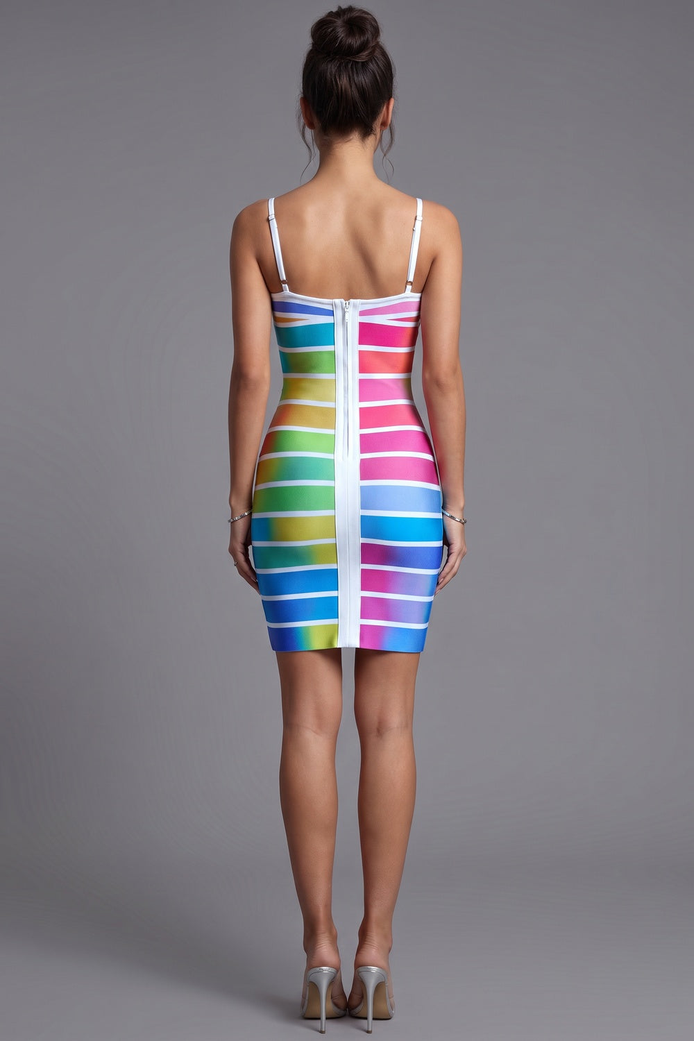 Rainbow Gradient Striped Bodycon Mini Dress blue, green, yellow, pink, purple heavy stretch knit dress - product view 3
