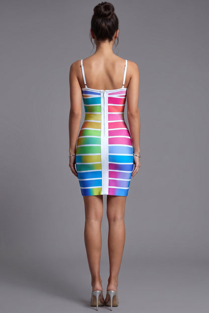 Rainbow Gradient Striped Bodycon Mini Dress blue, green, yellow, pink, purple heavy stretch knit dress - product view 3