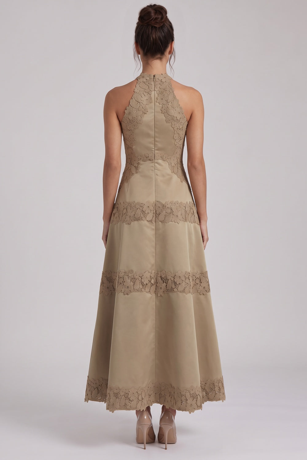 Taupe Structured Satin A-Line Midi Dress with Lace Band Detail taupe structured satin or taffeta dress - product view 3
