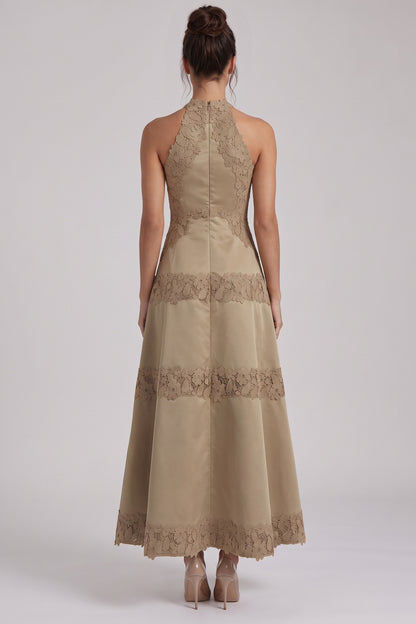 Taupe Structured Satin A-Line Midi Dress with Lace Band Detail taupe structured satin or taffeta dress - product view 3