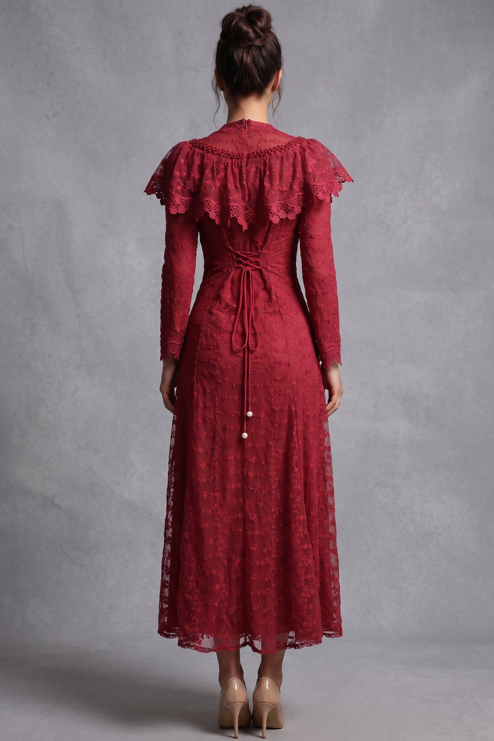 Deep Red Embroidered Floral Lace A-Line Midi Dress deep red embroidered floral lace overlay dress - product view 3