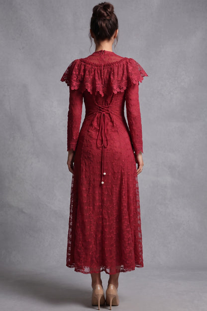 Deep Red Embroidered Floral Lace A-Line Midi Dress deep red embroidered floral lace overlay dress - product view 3