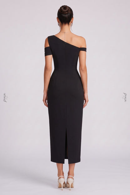 Asymmetrical One-Shoulder Black Crepe Sheath Dress black crepe dress - product view 3