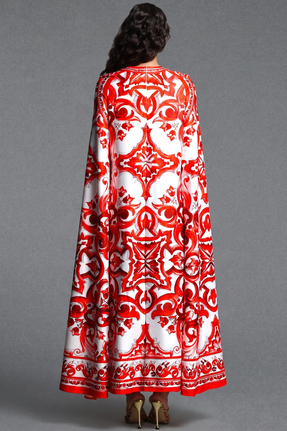 White Majolica Tile Print Cape Dress White Satin or silk crepe Cape dress - product view 3