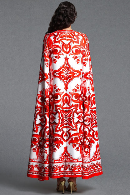 White Majolica Tile Print Cape Dress White Satin or silk crepe Cape dress - product view 3