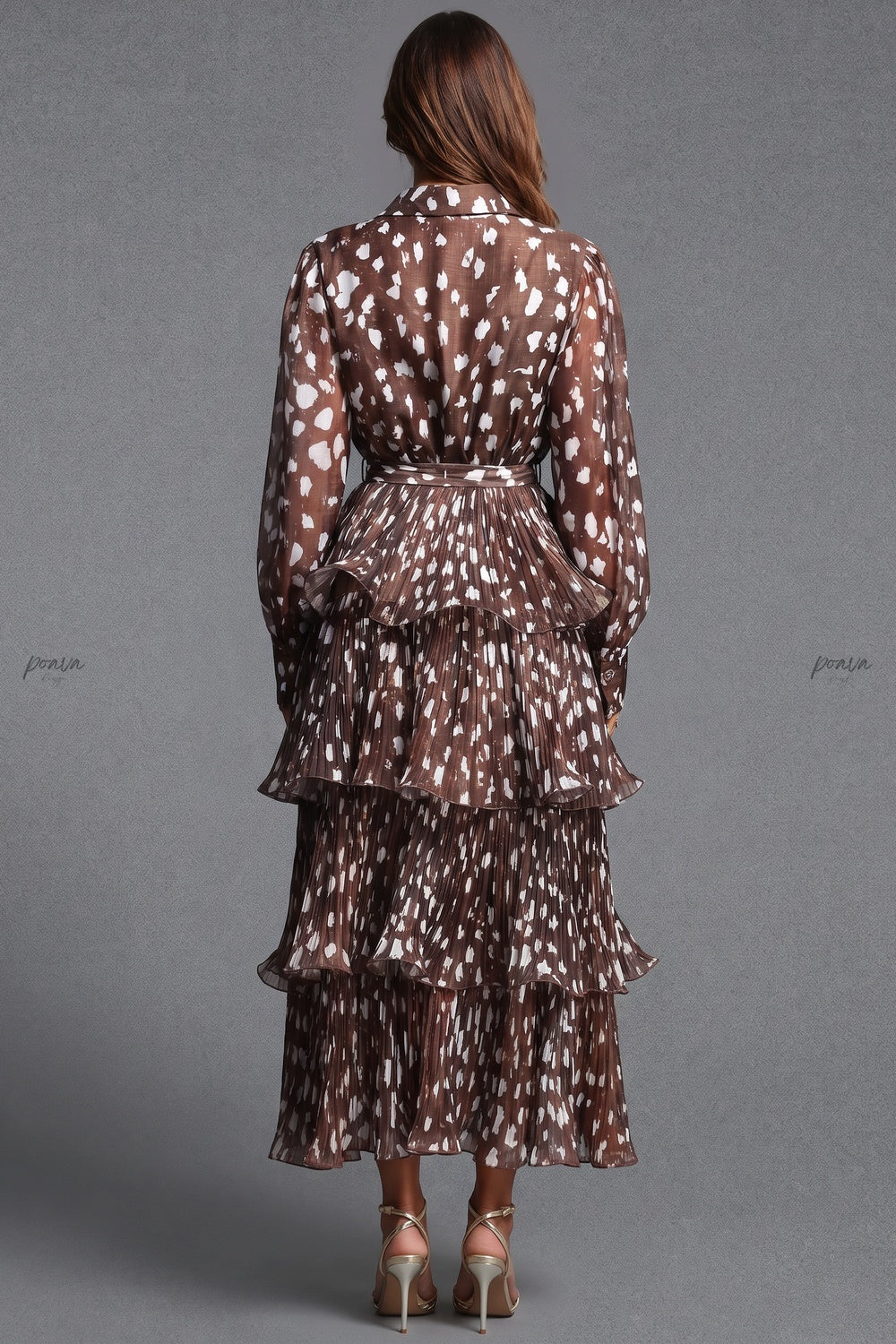 Dark Brown Sheer Chiffon Tiered Shirt Dress dark brown sheer chiffon shirt dress - product view 2