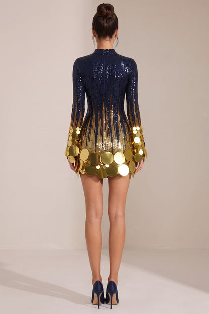 Navy Blue to Gold Ombre Sequin Mini Dress dark navy blue sequined mesh or knit dress - product view 3