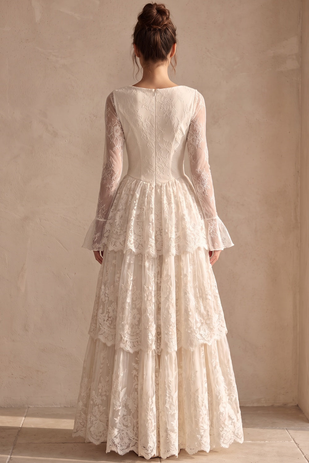 Cream Floral Lace Tiered Maxi Dress with Lace-Up Bodice cream floral lace dress - product view 3