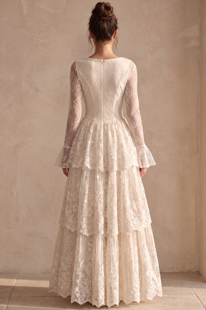 Cream Floral Lace Tiered Maxi Dress with Lace-Up Bodice cream floral lace dress - product view 3
