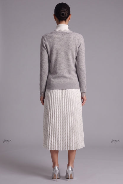 Heather Grey Fine-Knit Cardigan with Delicate Lace Trim heather grey fine knit, likely cashmere or wool blend cardigan - product view 3