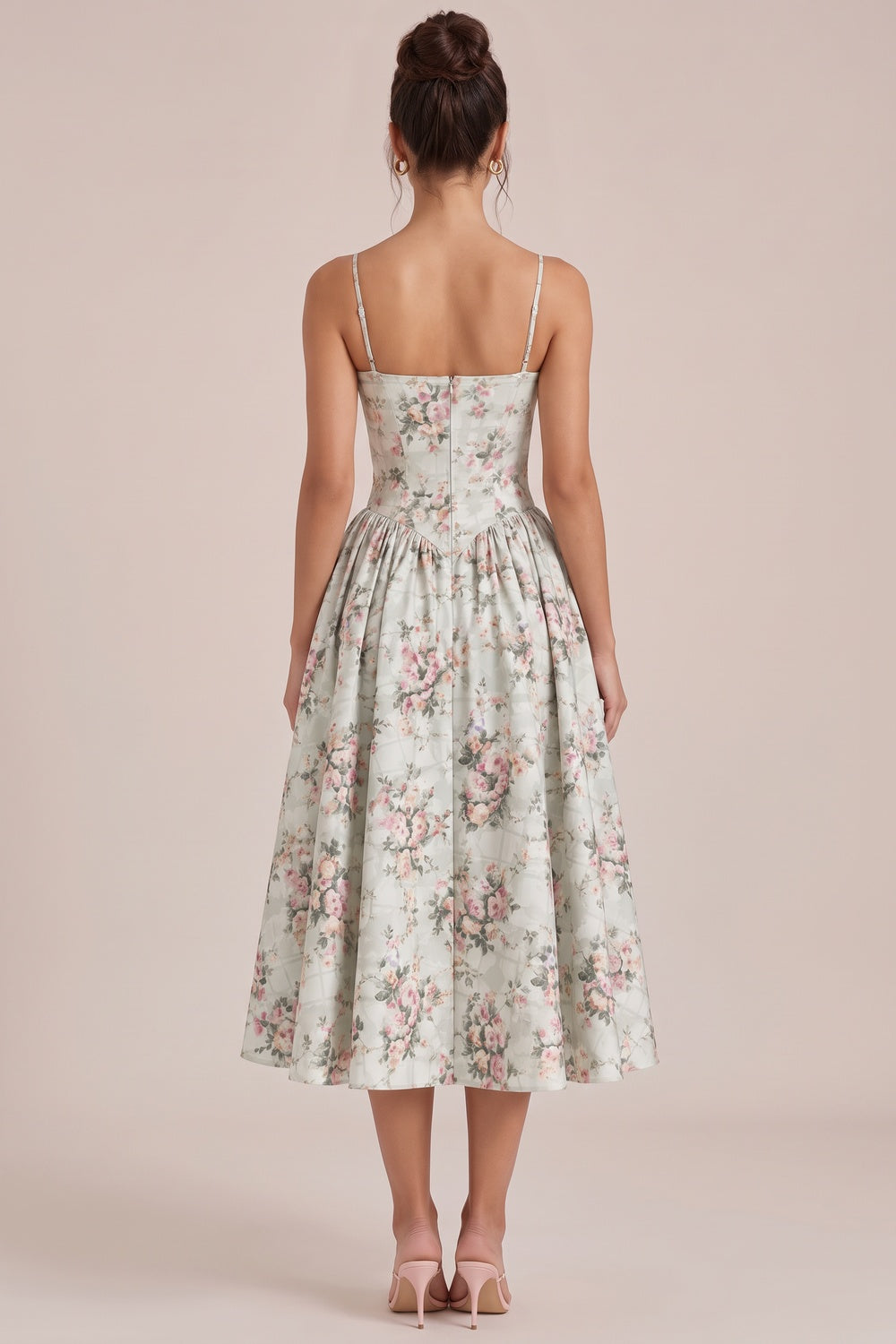 Pale Sage Green Structured Woven Cotton or Jacquard Fit-and-Flare Dress pale sage green structured woven cotton or jacquard dress - product view 3