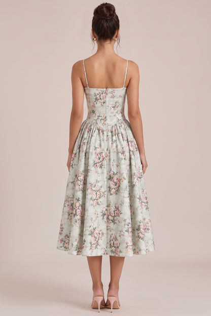 Pale Sage Green Structured Woven Cotton or Jacquard Fit-and-Flare Dress pale sage green structured woven cotton or jacquard dress - product view 3