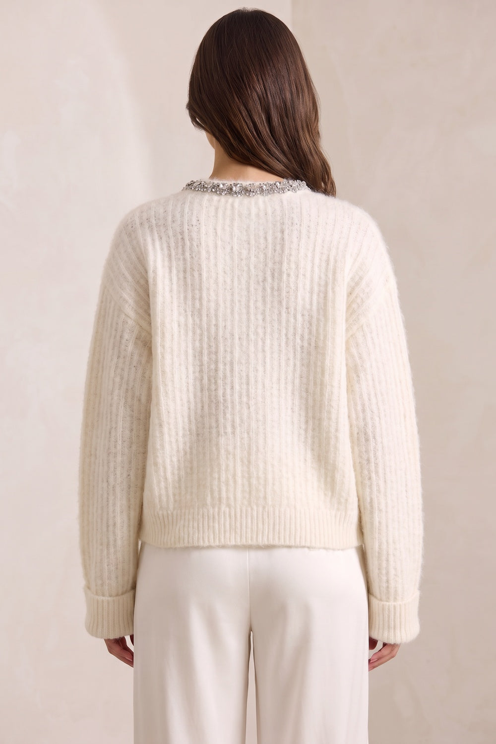 Off-White Mohair Cardigan with Rhinestone Trim off-white mohair-blend knit cardigan - product view 3