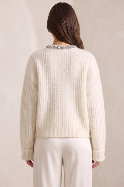 Off-White Mohair Cardigan with Rhinestone Trim off-white mohair-blend knit cardigan - product view 3