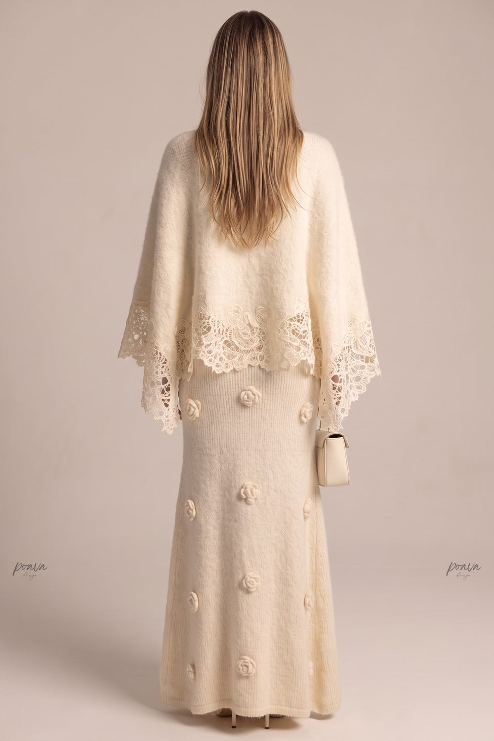 Cream Fuzzy Mohair-Blend Two-Piece Knit Set with Capelet and Rose Appliqué Maxi Dress cream, off-white fuzzy mohair-blend knit two-piece knit set (capelet and maxi dress) - product view 3