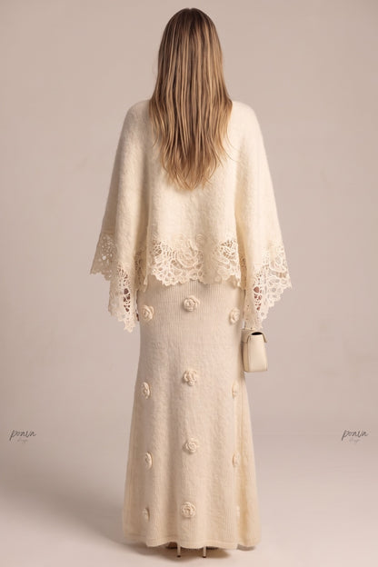 Cream Fuzzy Mohair-Blend Two-Piece Knit Set with Capelet and Rose Appliqué Maxi Dress cream, off-white fuzzy mohair-blend knit two-piece knit set (capelet and maxi dress) - product view 3