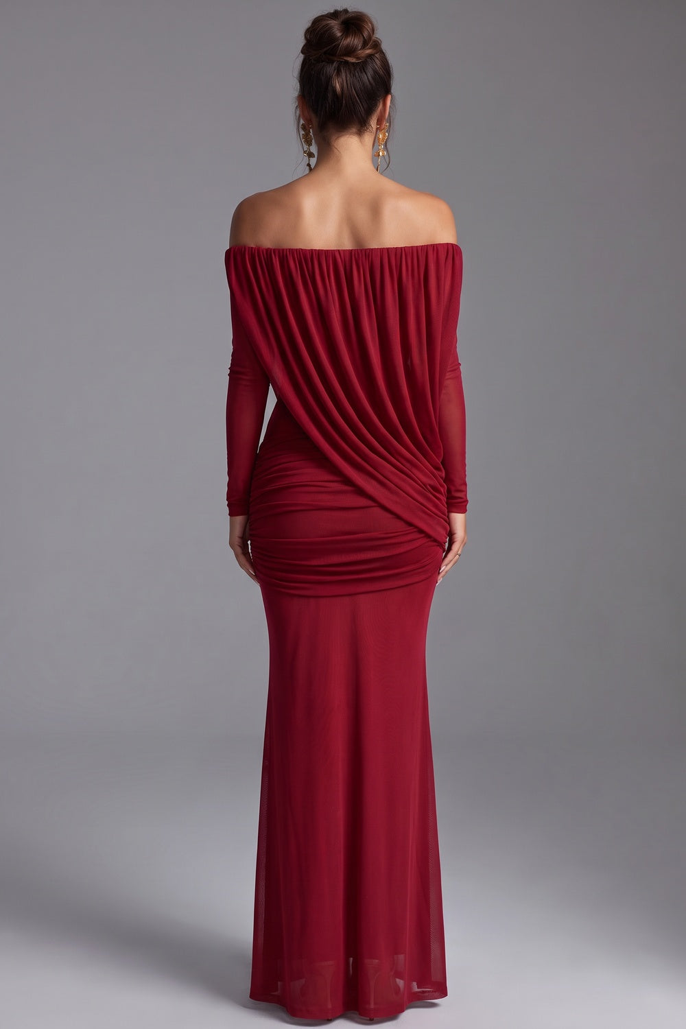 Deep Red Lightweight Stretch Mesh Column with Draped Overlay Dress deep red lightweight stretch mesh dress - product view 3