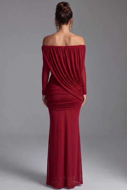 Deep Red Lightweight Stretch Mesh Column with Draped Overlay Dress deep red lightweight stretch mesh dress - product view 3