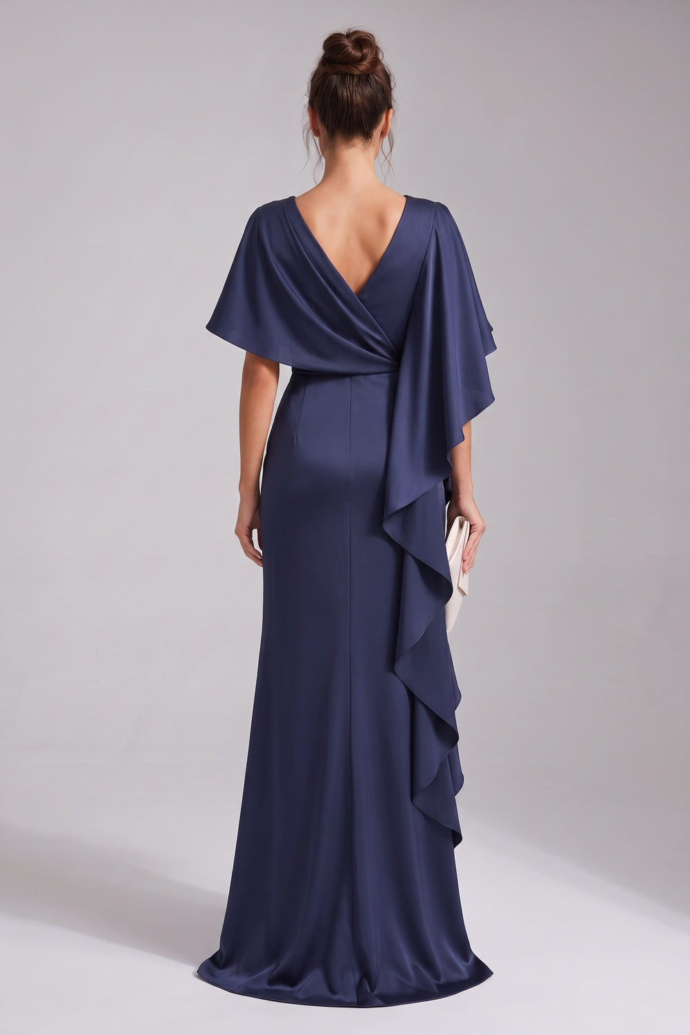 Navy Blue Satin Column Evening Gown with Asymmetrical Drape navy blue satin evening gown - product view 3