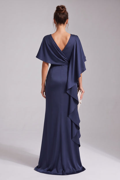 Navy Blue Satin Column Evening Gown with Asymmetrical Drape navy blue satin evening gown - product view 3