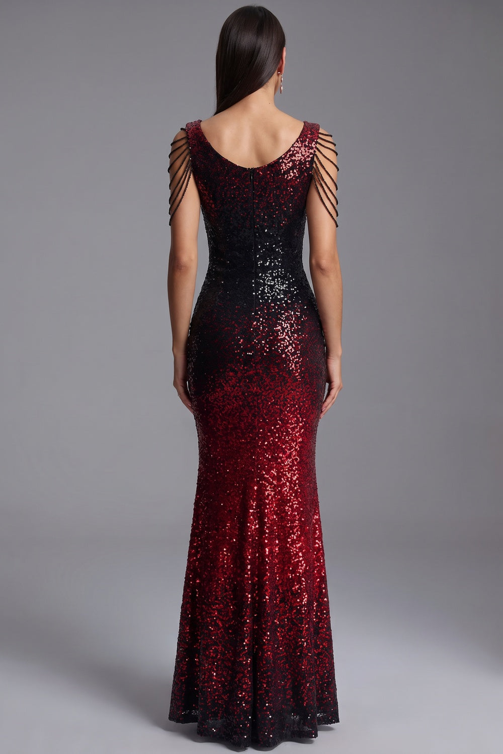 Red and Black Gradient Sequined Mermaid Evening Gown red, black sequined mesh evening gown - product view 3