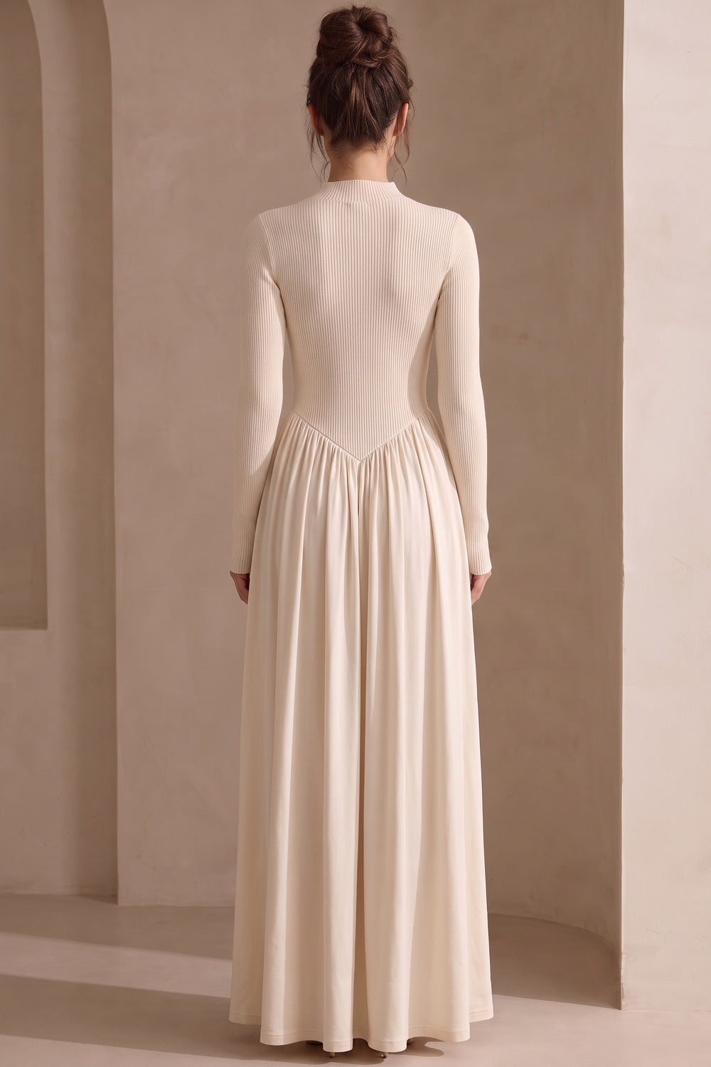 Cream Ribbed Knit Fitted Bodice with Gathered A-Line Skirt Dress cream ribbed knit dress - product view 3