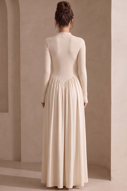 Cream Ribbed Knit Fitted Bodice with Gathered A-Line Skirt Dress cream ribbed knit dress - product view 3