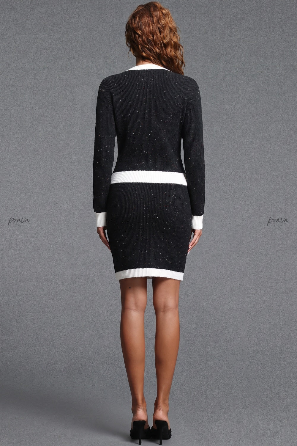 Black Glitter Knit Two-Piece Cardigan & Skirt Set Black Flecked/glitter knit Two-piece knit cardigan and skirt set - product view 3