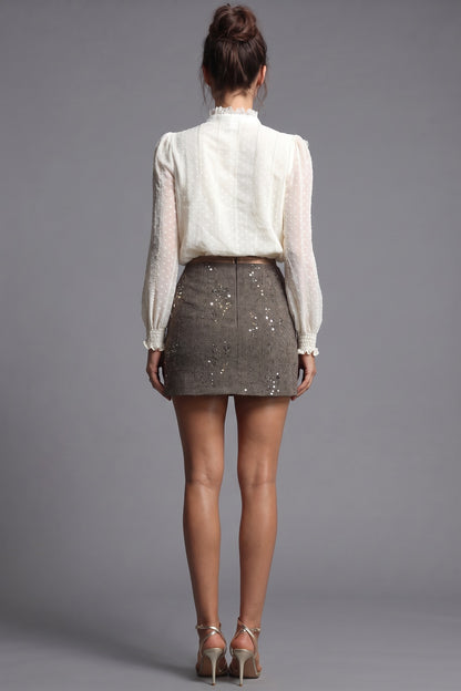 Off-White Dotted Swiss Blouse & Brown Tweed Sequin Mini Skirt Two-Piece Set Off-white, Medium brown Sheer dotted swiss chiffon (blouse); textured wool-blend tweed (skirt) Two-piece set (blouse and mini skirt) - product view 3